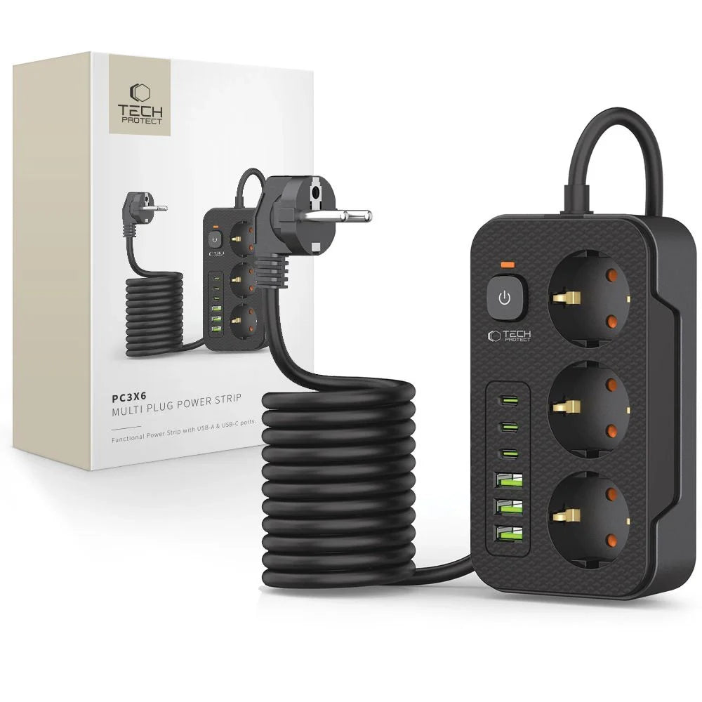 Prelungitor Tech-Protect PC3X6 - 3 Prize x USB-C USB 5V / 3.1A 2m Buton On/Off - 5906302310555 - 6