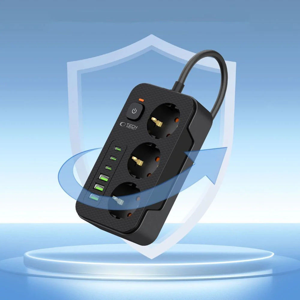 Prelungitor Tech-Protect PC3X6 - 3 Prize x USB-C USB 5V / 3.1A 2m Buton On/Off - 5906302310555 - 5