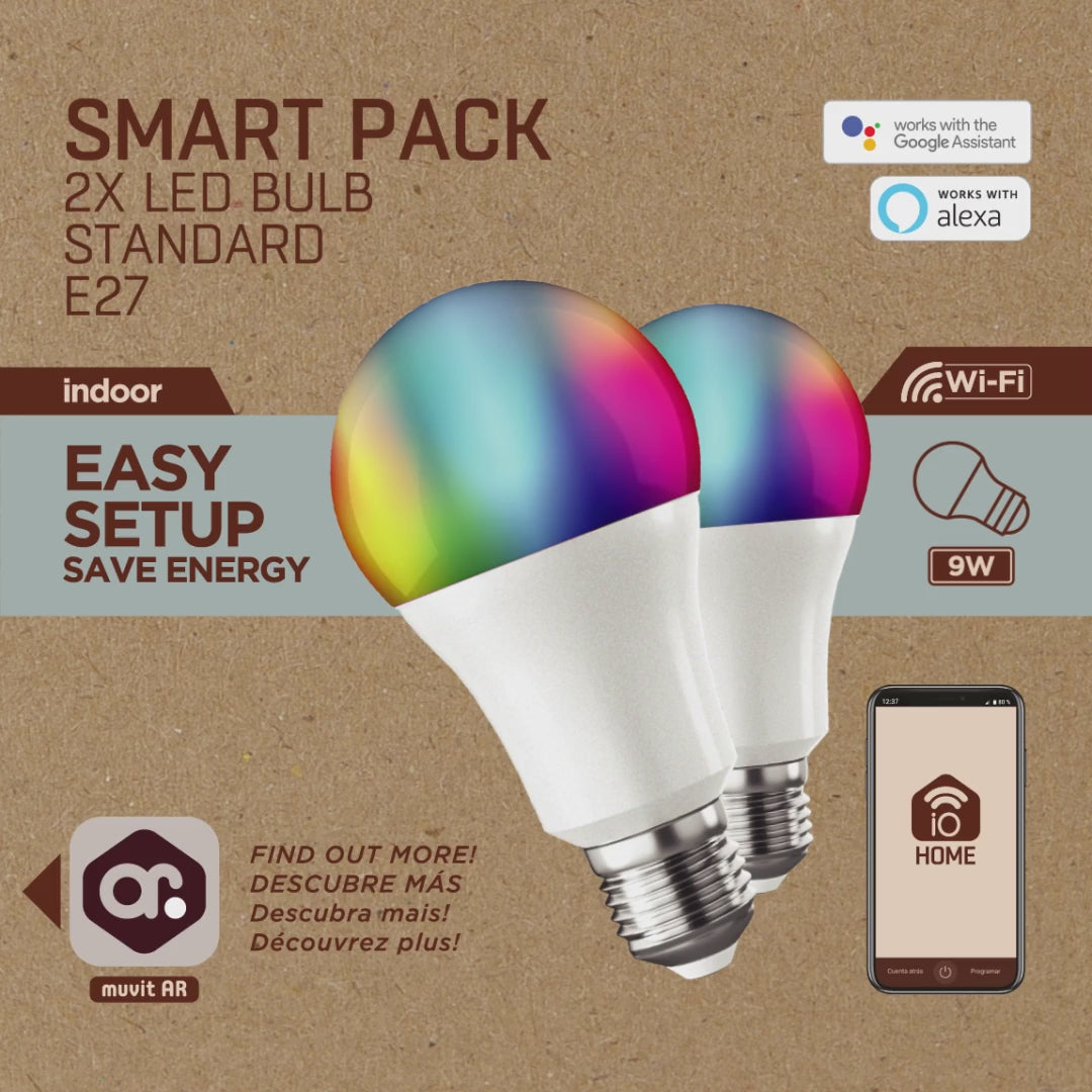 Set 2 x Bec Smart muvit iO MIOPAK007 E27 RGB & Alb - 9W, 800lm, 2000-10000K, Reglabil, APP, Alexa, Google Assistant, Timer