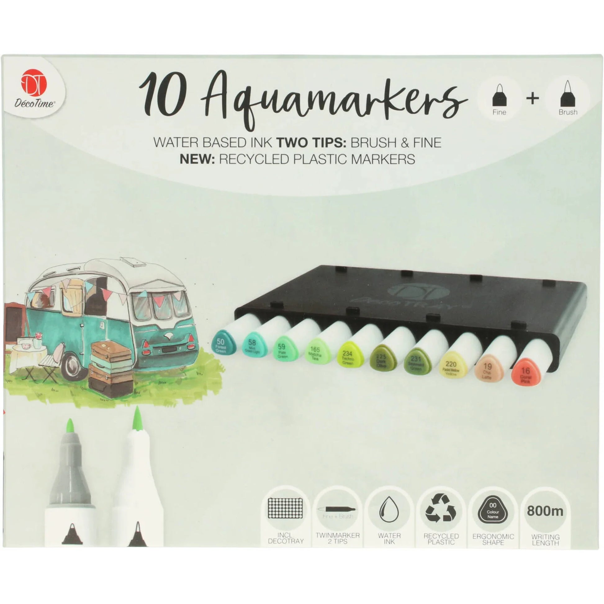 Set 10 Markere DecoTime Aquamarkers Matcha Tea – Cerneală pe Bază de Apă 2 Vârfuri (Subțire & Brush) - 8721042510648 - 1