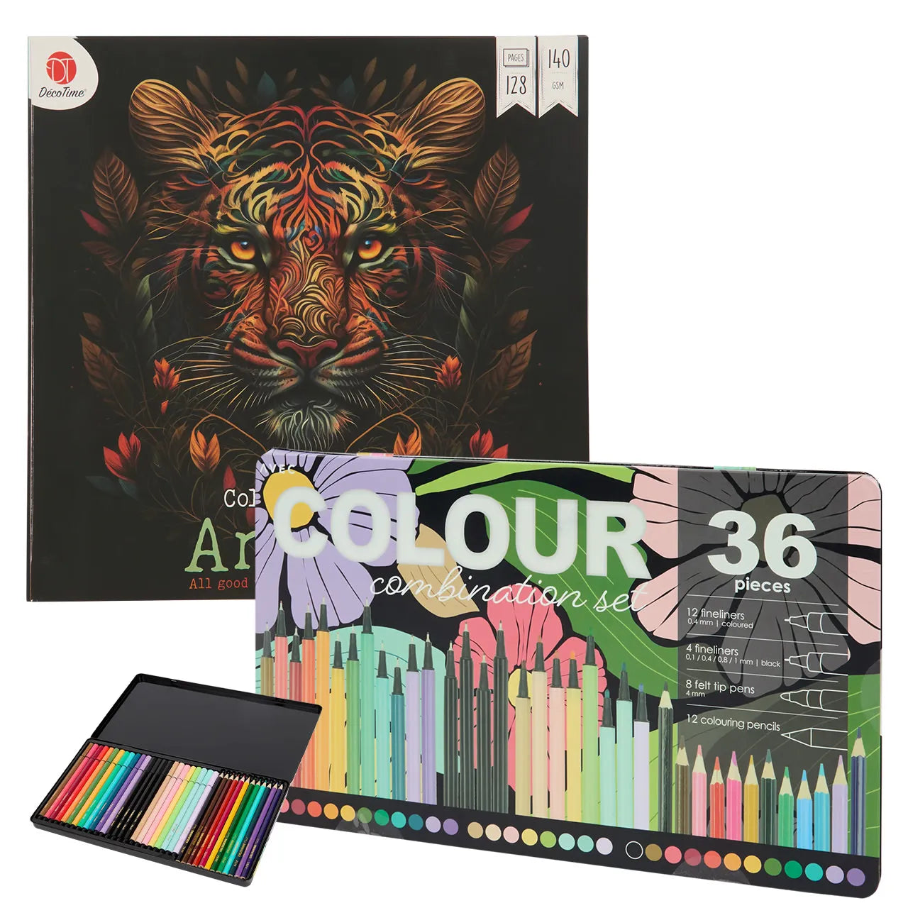 Set Carte de Colorat Antistres Animale 128 pagini 140 g/m² + Trusa 36 Creioane Carioci & Finelinere - 8721042515469 - 1