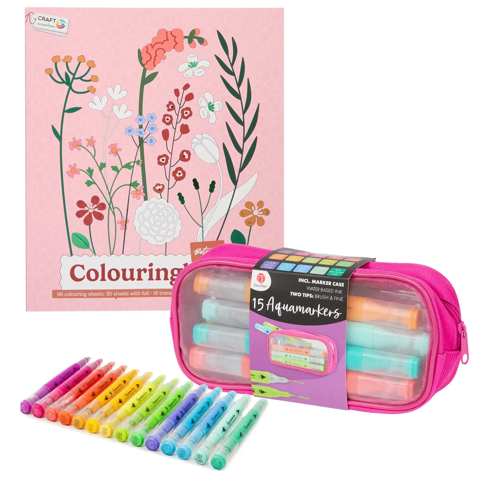 Set Carte de Colorat Antistres Botanic + Trusă 15 Markere cu Vârfuri Duble pe Bază Apă - 96 pagini - 8715427172811-15marker - 8715427172811