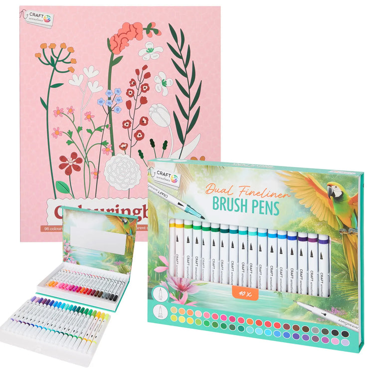Set Carte de Colorat Antistres Botanic + Trusă 40 Carioci cu Vârfuri Duble - 96 pagini - 8715427172811-40-carioci - 8715427172811 - 1