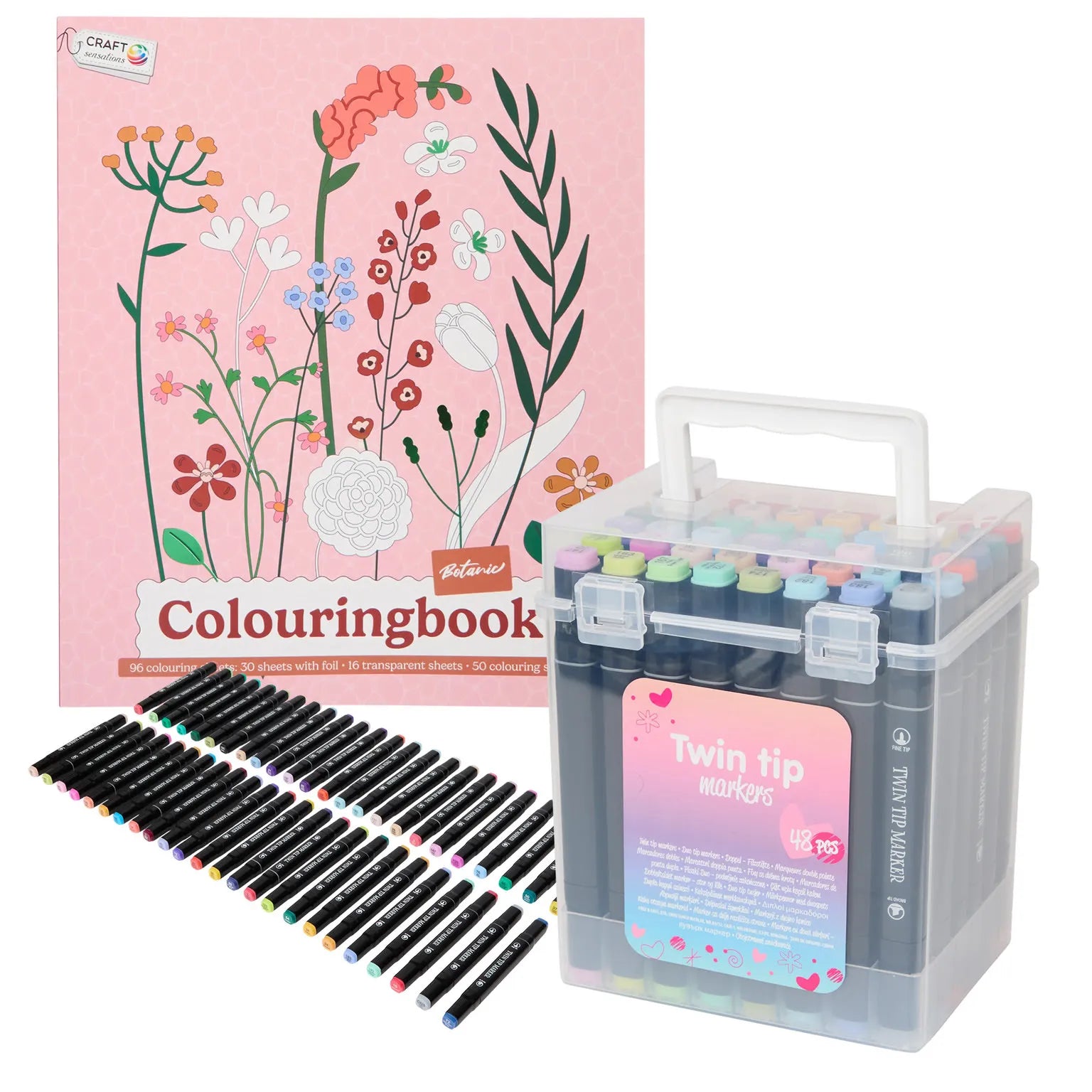 Set Carte de Colorat Antistres Botanic + Trusă 48 Carioci cu Vârfuri Duble - 96 pagini - 8715427172811-48-carioci - 8715427172811 - 1
