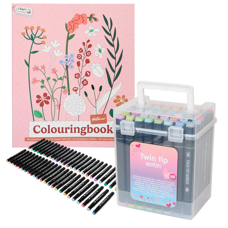 Set Carte de Colorat Antistres Botanic + Trusă 48 Carioci cu Vârfuri Duble - 96 pagini - 8715427172811-48-carioci - 8715427172811 - 1