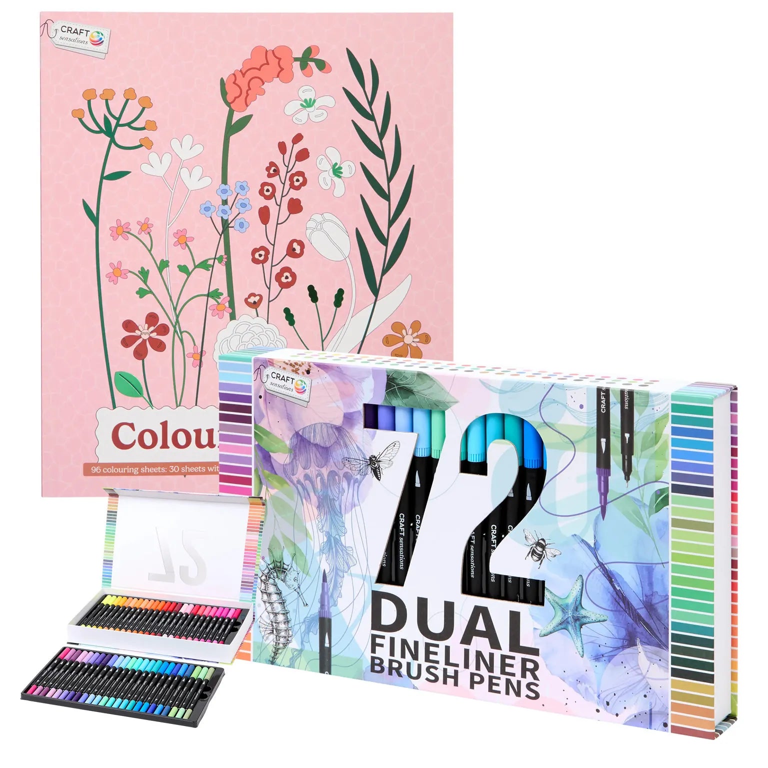 Set Carte de Colorat Antistres Botanic + Trusă 72 Carioci cu Vârfuri Duble - 96 pagini - 8715427172811-72-carioci - 8715427172811 - 1