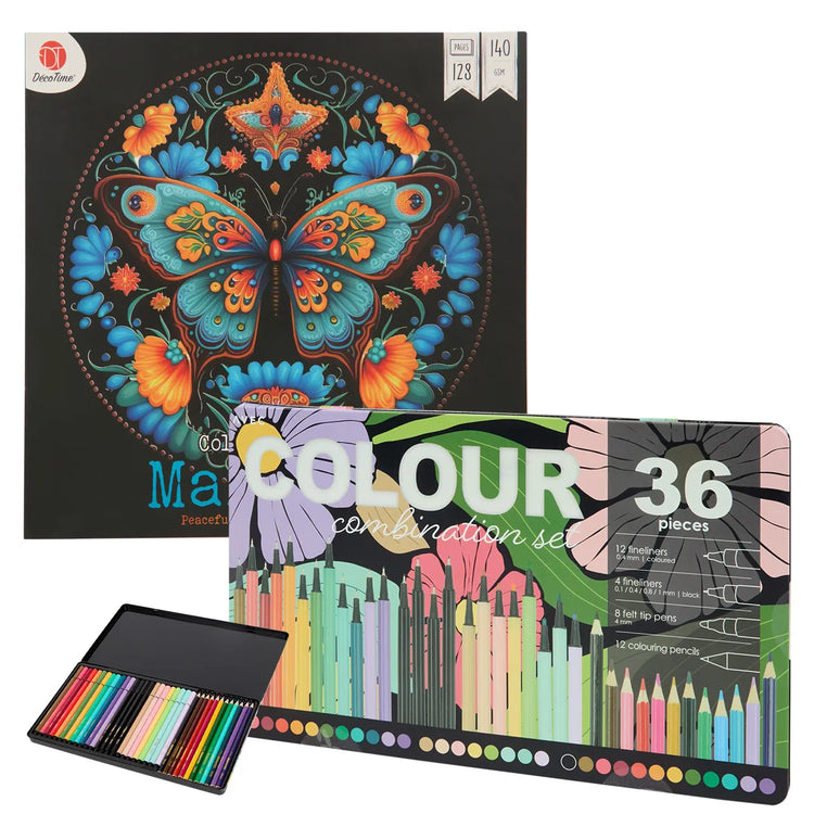 Set Carte de Colorat Antistres Mandala 128 pagini 140 g/m² + Trusa 36 Creioane Carioci & Finelinere - 8721042515490 - 1