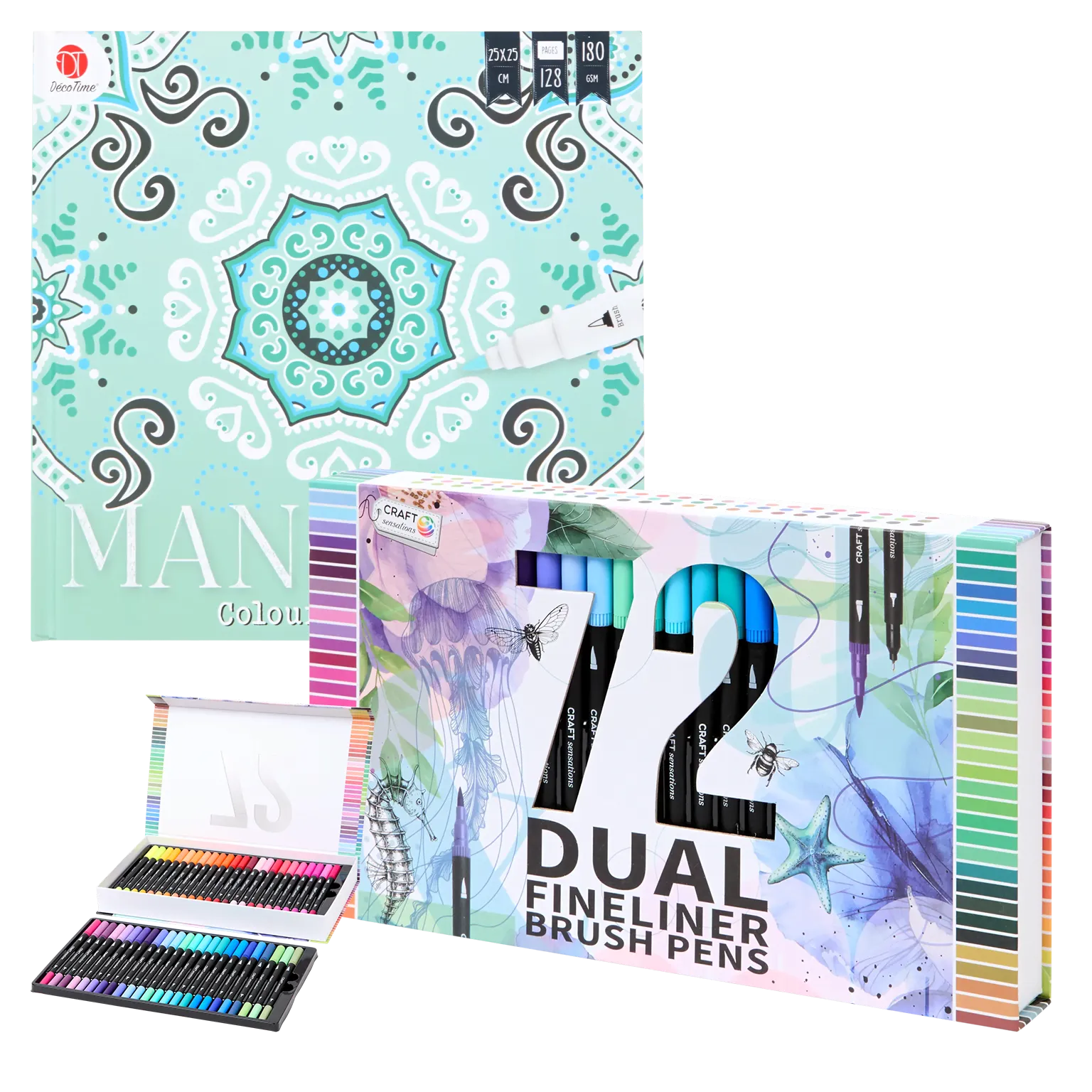 Set Carte de Colorat Antistres Mandala 128 pagini 180 g/m² + Trusa 72 Carioci cu Varfuri Duble (Fineliner 0.4 mm + tip Pensula 1.2 mm)