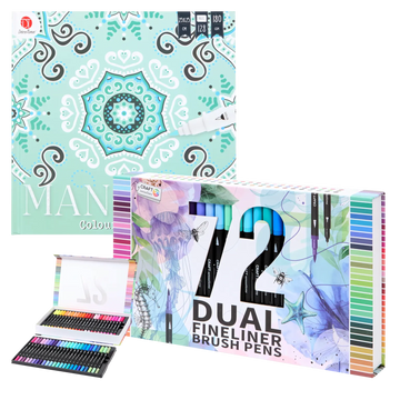 Set Carte de Colorat Antistres Mandala 128 pagini 180 g/m² + Trusa 72 Carioci cu Varfuri Duble (Fineliner 0.4 mm + tip Pensula 1.2 mm)