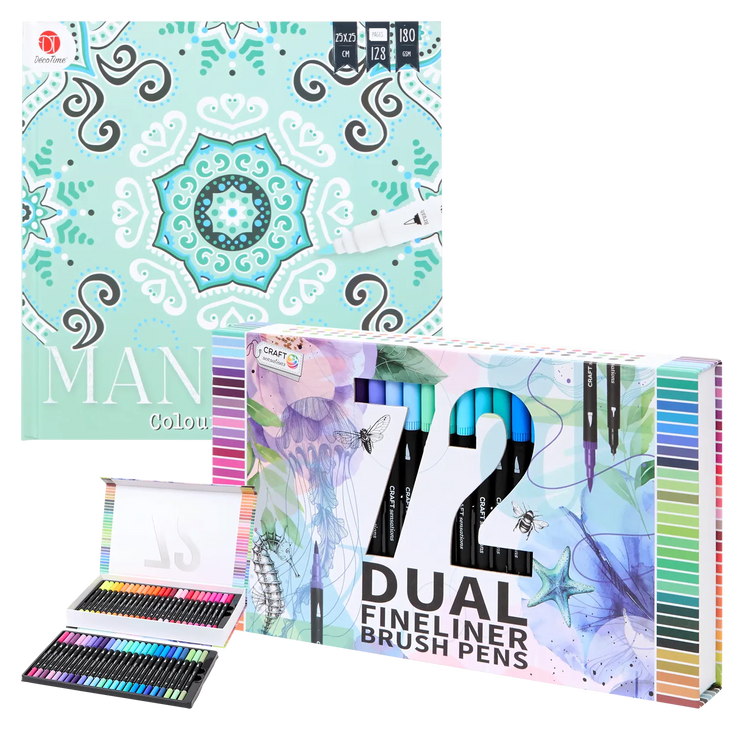 Set Carte de Colorat Antistres Mandala 128 pagini 180 g/m² + Trusa 72 Carioci cu Varfuri Duble (Fineliner 0.4 mm + tip Pensula 1.2 mm)