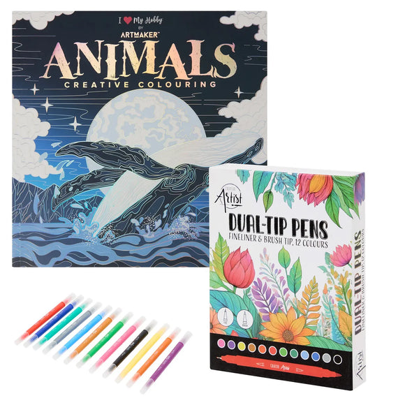 Set Carte de Colorat Antistres Mandala Animals + Trusă 12 Carioci cu Vârfuri Duble - 48 pagini 140 g/m² Finelinere + tip Pensulă