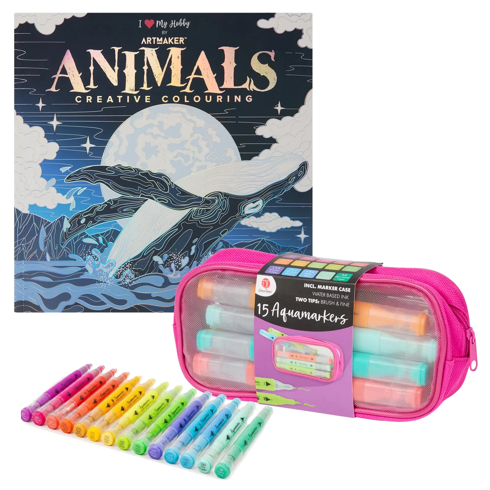 Set Carte de Colorat Antistres Mandala Animals + Trusă 15 Markere cu Vârfuri Duble pe Bază Apă - 48 pagini 140 g/m²