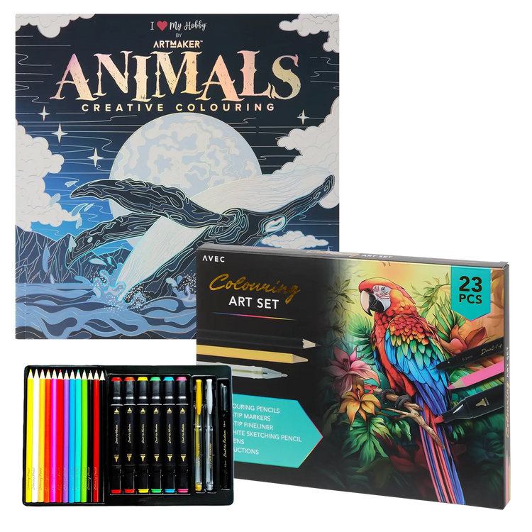 Set Carte de Colorat Antistres Mandala Animals + Trusă 23 Creioane Carioci Finelinere Pixuri Gel - 48 pagini 140 g/m²