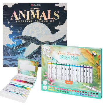 Set Carte de Colorat Antistres Mandala Animals + Trusă 40 Carioci cu Vârfuri Duble - 48 pagini 140 g/m² Finelinere + vărf tip Pensulă
