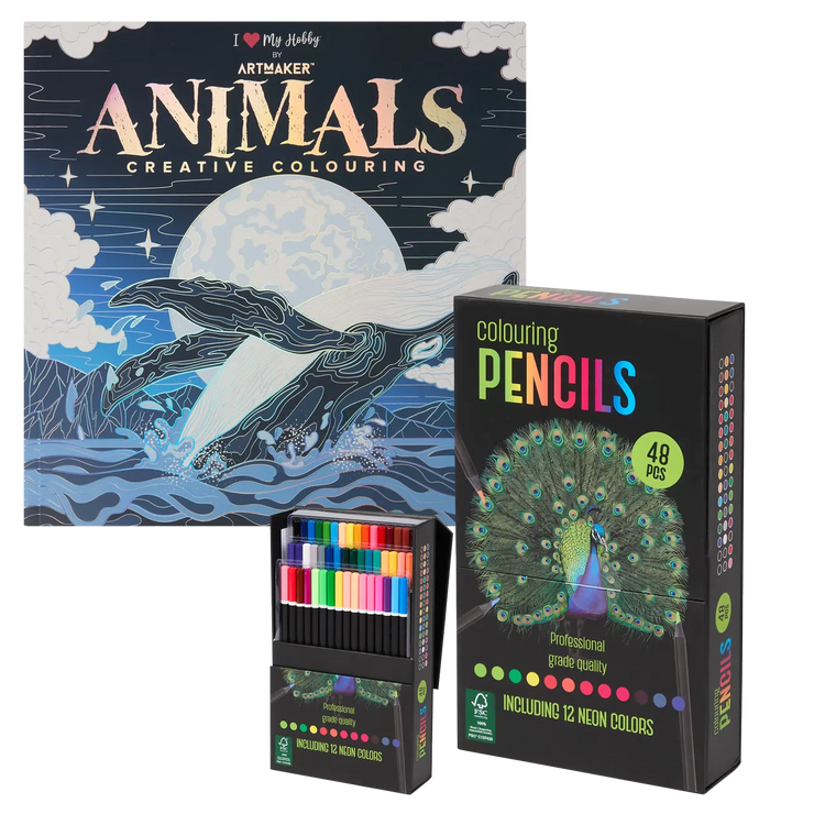 Set Carte de Colorat Antistres Mandala Animals + Trusă 48 Creioane Premium - pagini 140 g/m² 12 Culori Neon - 3220096-animals-48cr