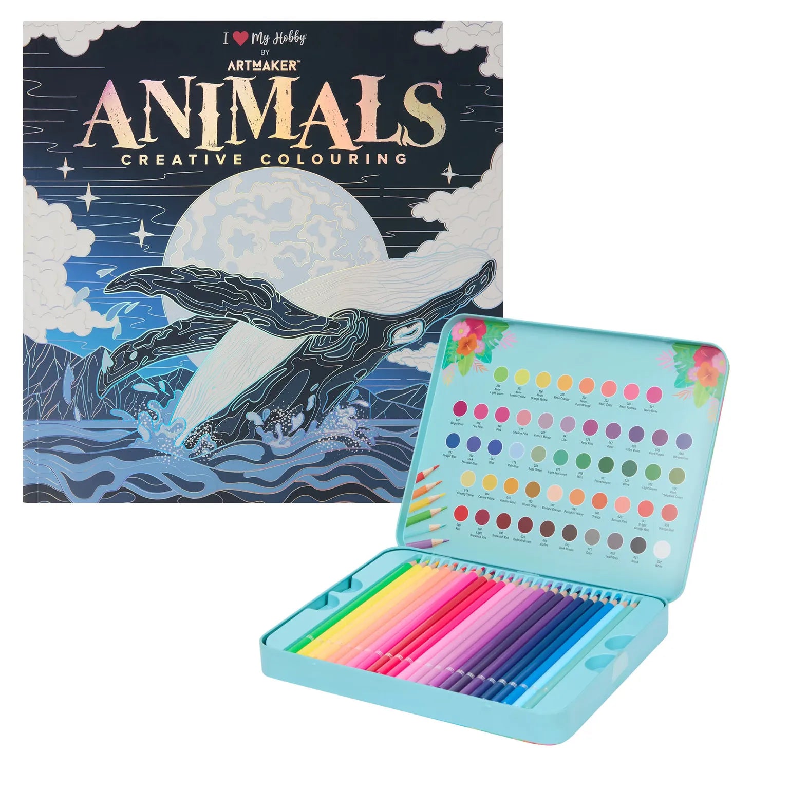 Set Carte de Colorat Antistres Mandala Animals + Trusă 50 Creioane Premium (8 Culori Neon) - 48 pagini 140 g/m² - 3220096-animals-50-neon