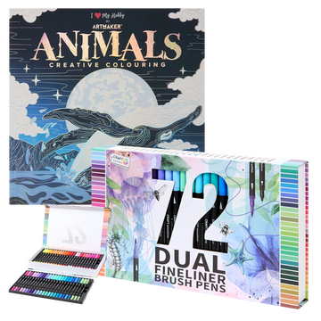 Set Carte de Colorat Antistres Mandala Animals + Trusă 72 Carioci cu Vârfuri Duble - 48 pagini 140 g/m² Finelinere 0.4 mm + tip Pensulă 1.2