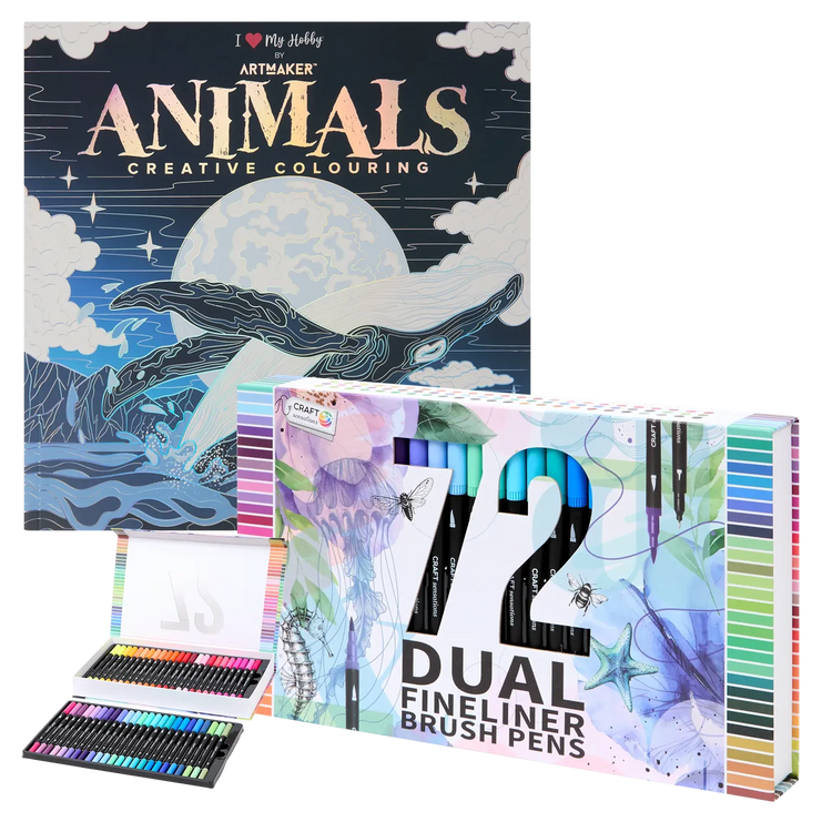 Set Carte de Colorat Antistres Mandala Animals + Trusă 72 Carioci cu Vârfuri Duble - 48 pagini 140 g/m² Finelinere 0.4 mm + tip Pensulă 1.2