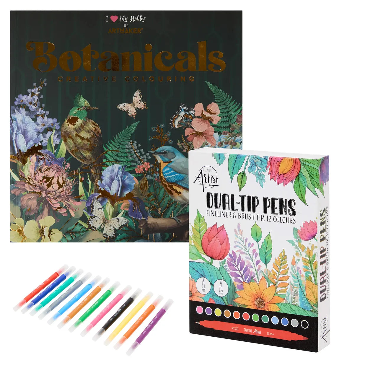 Set Carte de Colorat Antistres Mandala Botanicals + Trusă 12 Carioci cu Vârfuri Duble - 48 pagini 140 g/m² Finelinere + tip Pensulă