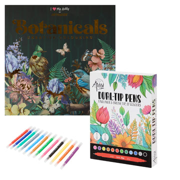 Set Carte de Colorat Antistres Mandala Botanicals + Trusă 12 Carioci cu Vârfuri Duble - 48 pagini 140 g/m² Finelinere + tip Pensulă