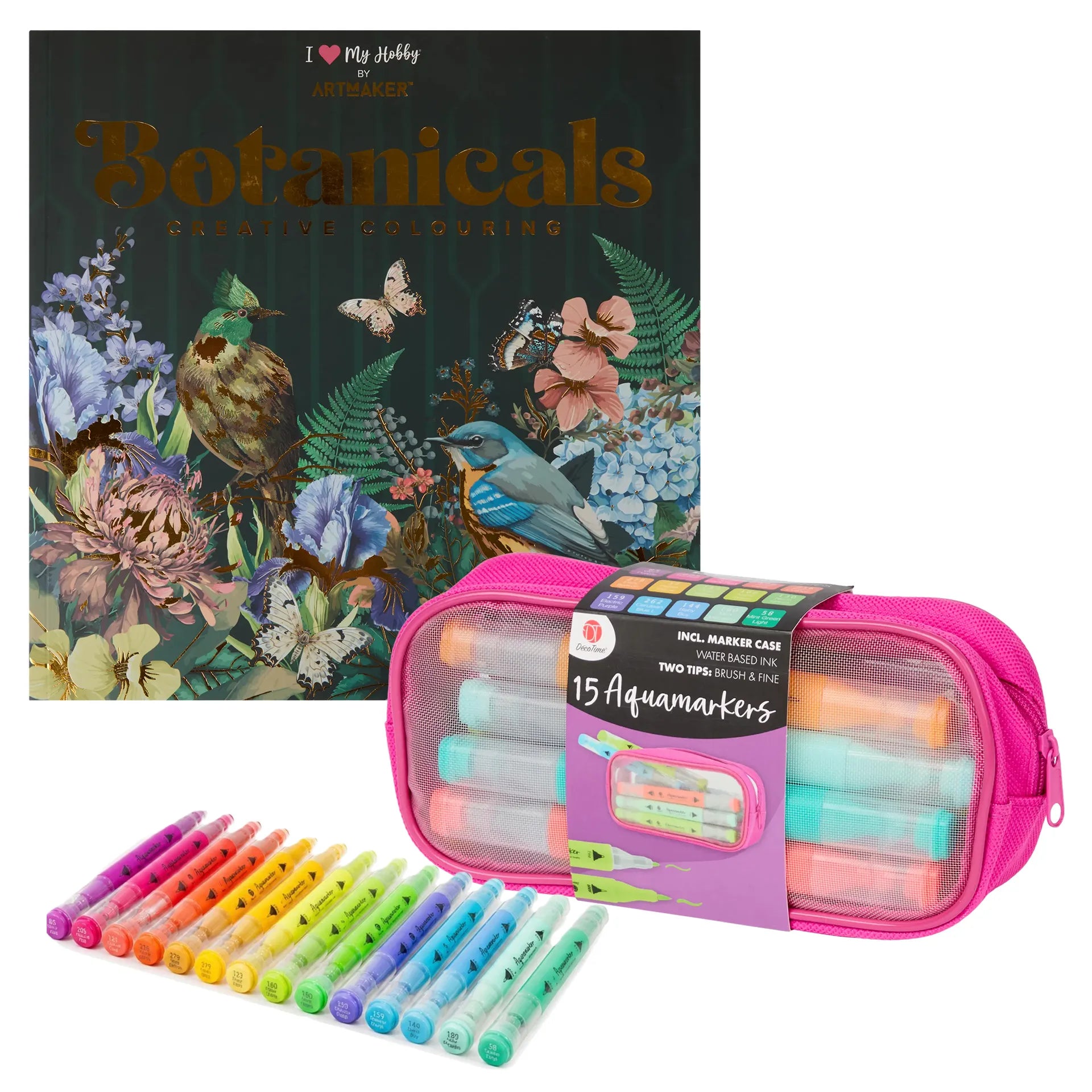 Set Carte de Colorat Antistres Mandala Botanicals + Trusă 15 Markere cu Vârfuri Duble pe Bază Apă - 48 pagini 140 g/m²