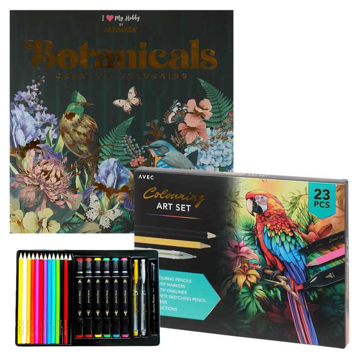 Set Carte de Colorat Antistres Mandala Botanicals + Trusă 23 Creioane Carioci Finelinere Pixuri Gel - 48 pagini 140 g/m²