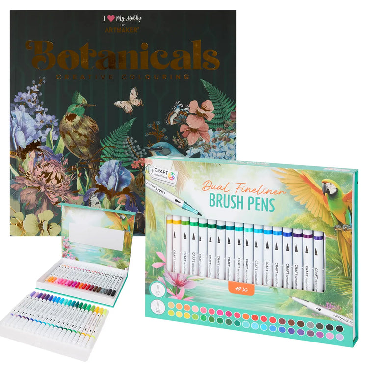 Set Carte de Colorat Antistres Mandala Botanicals + Trusă 40 Carioci cu Vârfuri Duble - 48 pagini 140 g/m² Finelinere + vărf tip Pensulă