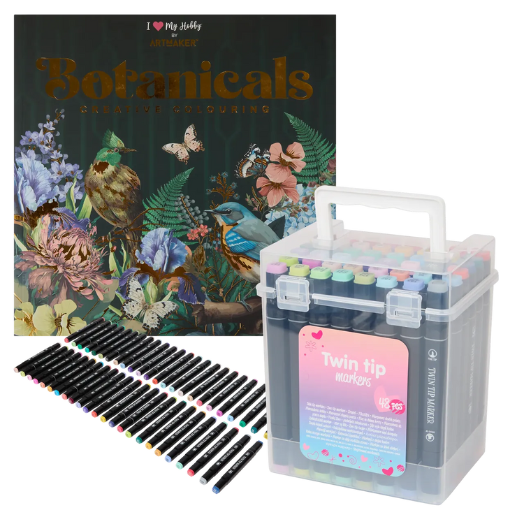 Set Carte de Colorat Antistres Mandala Botanicals + Trusă 48 Carioci cu Vârfuri Duble - pagini 140 g/m² - 3220096-botanicals-48car