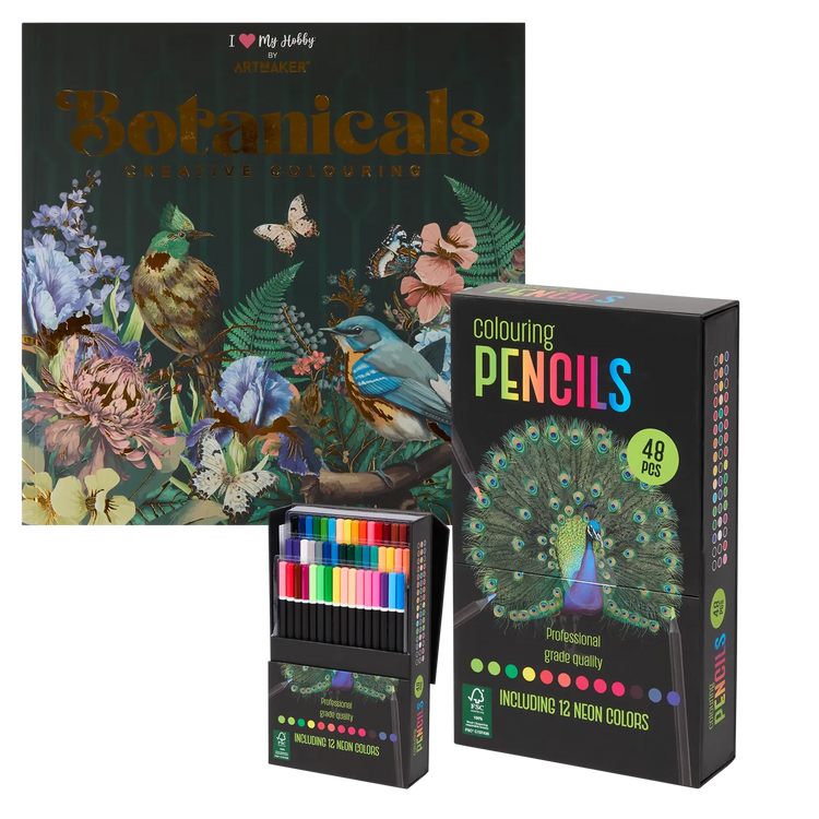 Set Carte de Colorat Antistres Mandala Botanicals + Trusă 48 Creioane Premium - pagini 140 g/m² 12 Culori Neon - 3220096-botanicals-48cr