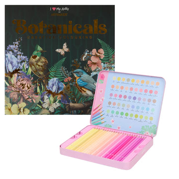 Set Carte de Colorat Antistres Mandala Botanicals + Trusă 50 Creioane Pastel Premium - 48 pagini 140 g/m² - 3220096-botanicals-50-pastel