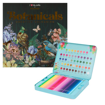 Set Carte de Colorat Antistres Mandala Botanicals + Trusă 50 Creioane Premium (8 Culori Neon) - 48 pagini 140 g/m²