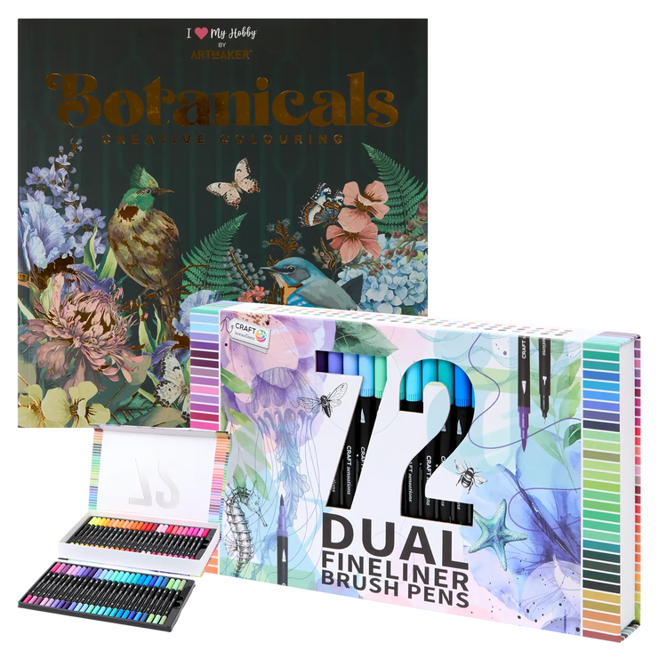 Set Carte de Colorat Antistres Mandala Botanicals + Trusă 72 Carioci cu Vârfuri Duble - 48 pagini 140 g/m² Finelinere 0.4 mm + tip Pensulă