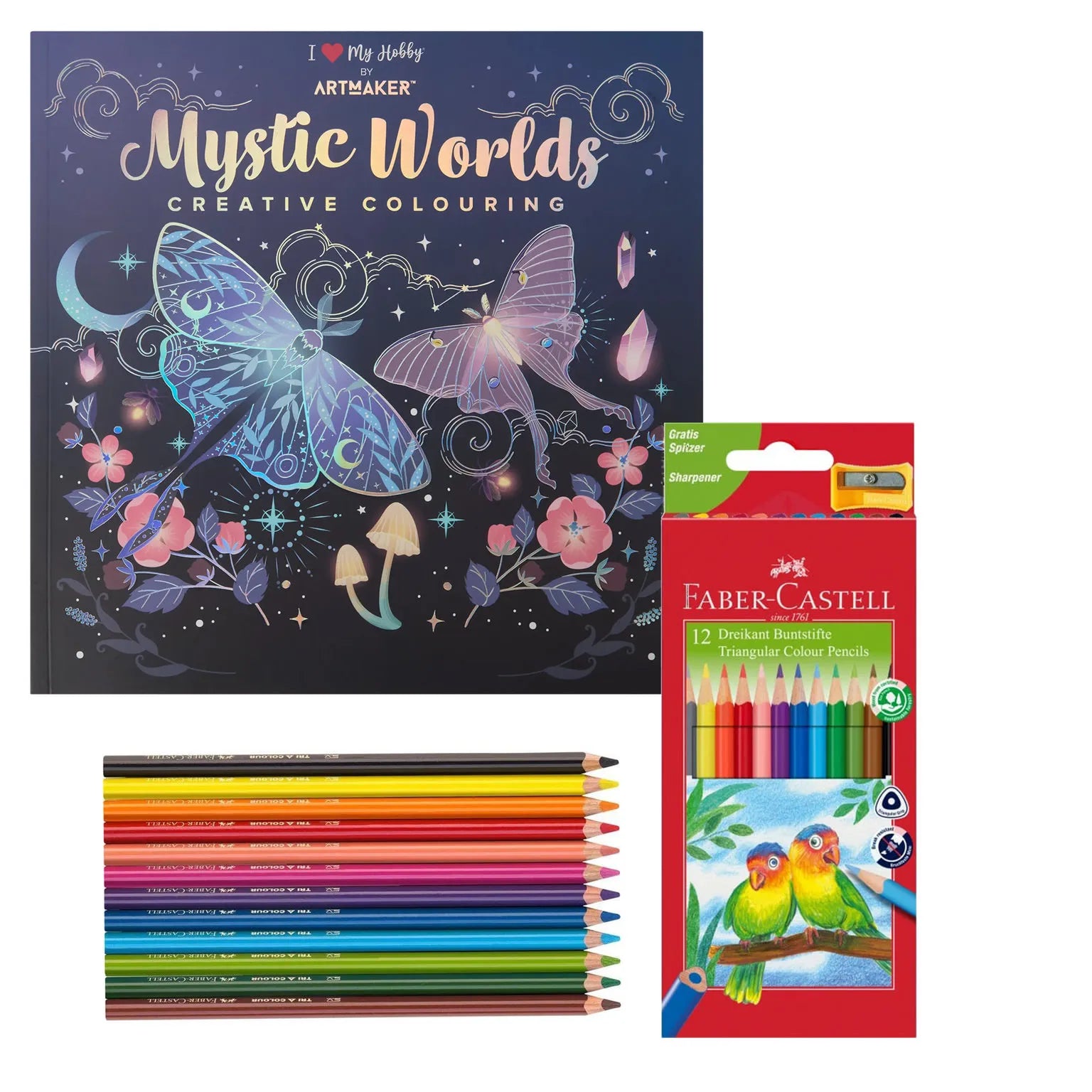 Set Carte de Colorat Antistres Mandala Mystic Worlds + 12 Creioane Faber-Castell - 48 pagini 140 g/m² - 3220096-mystic-faber