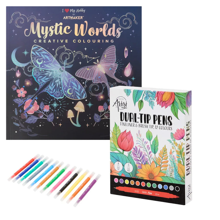 Set Carte de Colorat Antistres Mandala Mystic Worlds + Trusă 12 Carioci cu Vârfuri Duble - 48 pagini 140 g/m² Finelinere + tip Pensulă