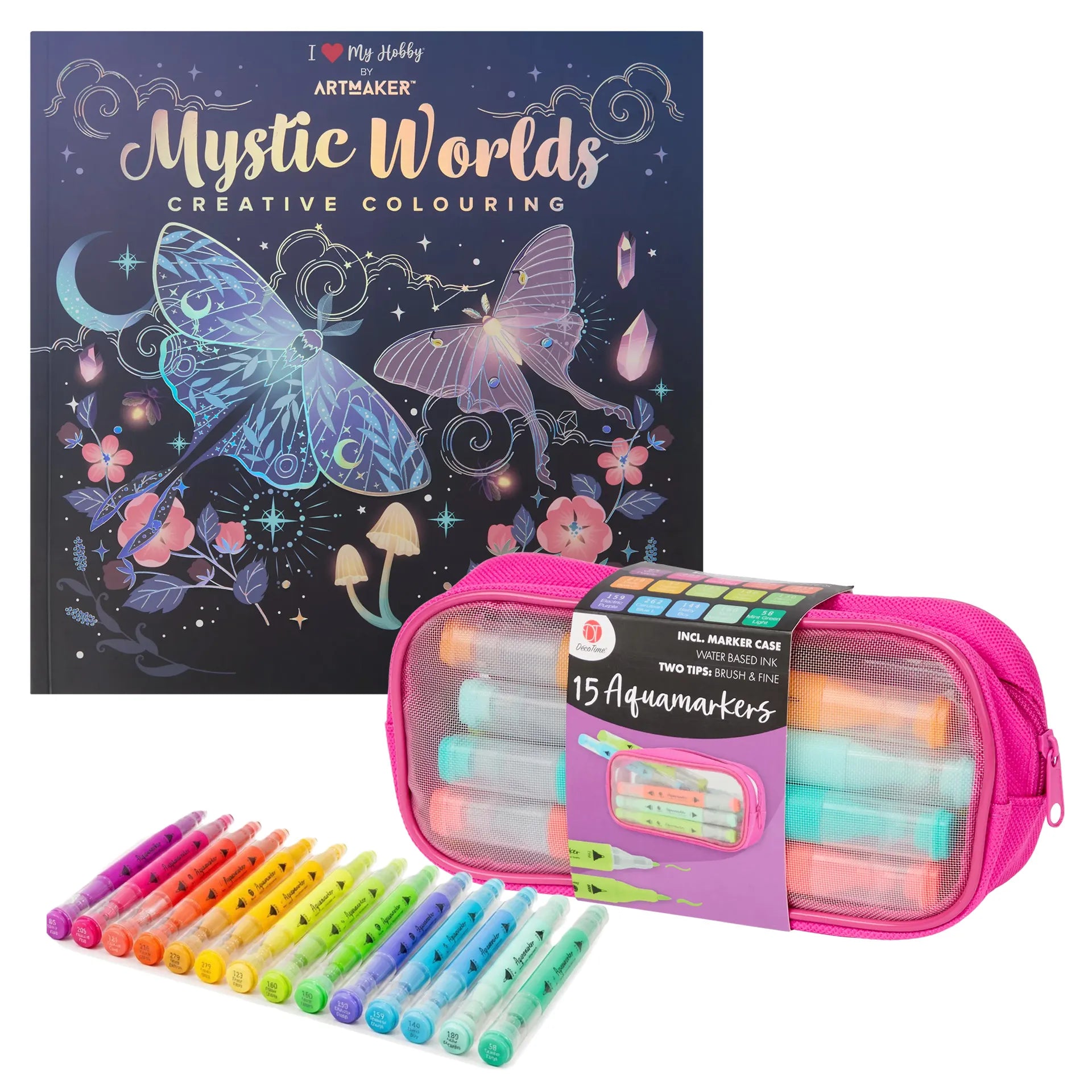 Set Carte de Colorat Antistres Mandala Mystic Worlds + Trusă 15 Markere cu Vârfuri Duble pe Bază Apă - 48 pagini 140 g/m²