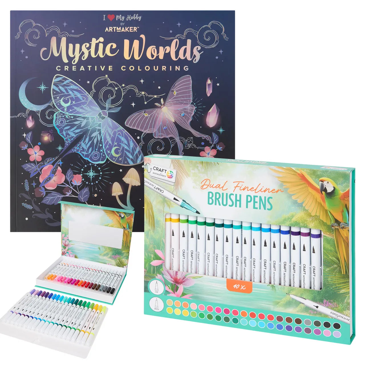 Set Carte de Colorat Antistres Mandala Mystic Worlds + Trusă 40 Carioci cu Vârfuri Duble - 48 pagini 140 g/m² Finelinere + vărf tip Pensulă