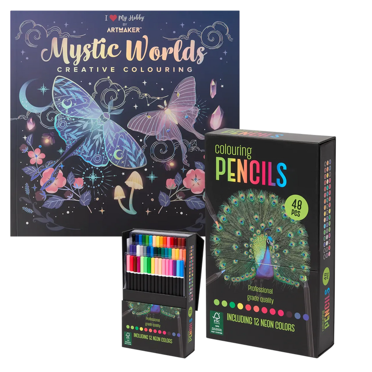 Set Carte de Colorat Antistres Mandala Mystic Worlds + Trusă 48 Creioane Premium - pagini 140 g/m² 12 Culori Neon - 3220096-mystic-48cr