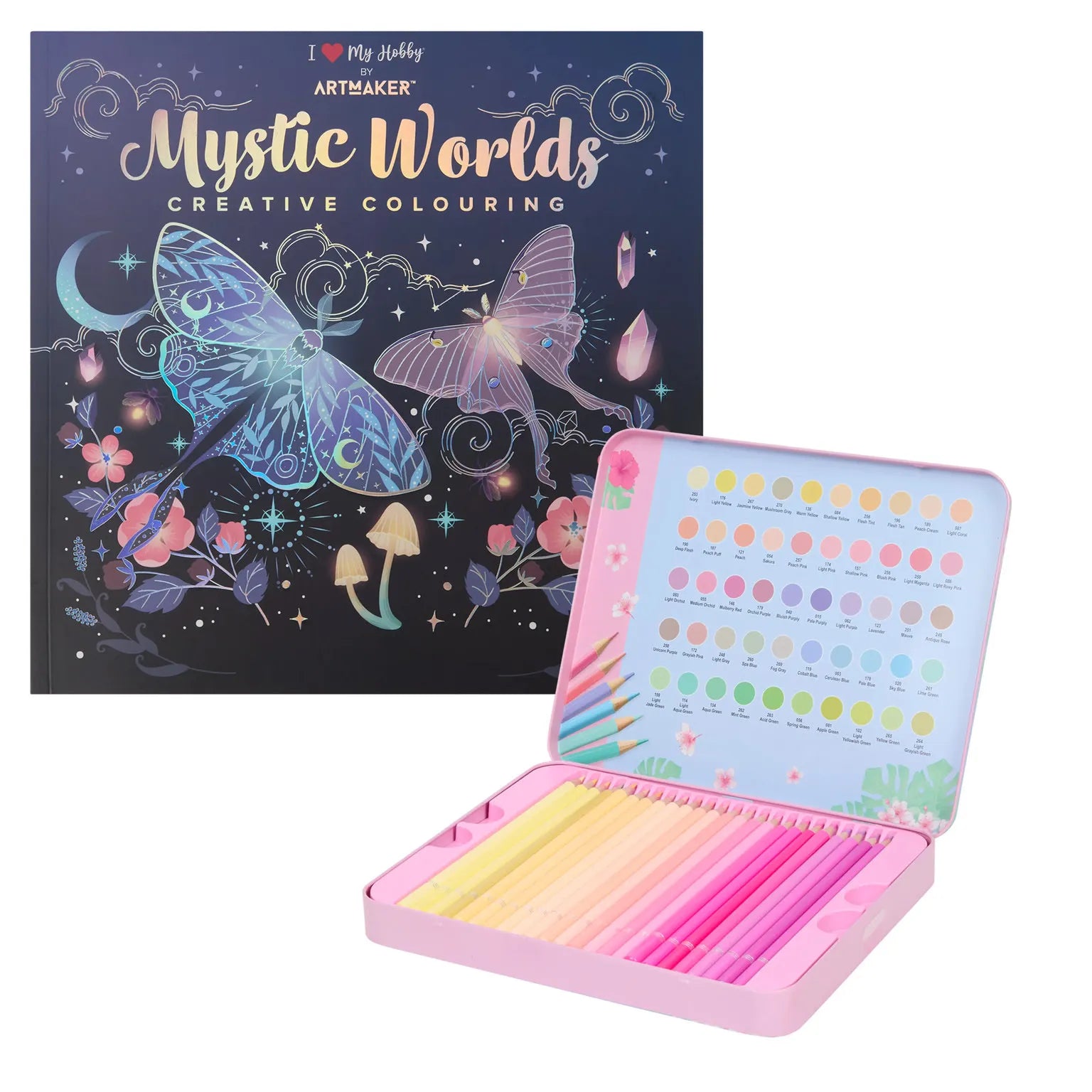 Set Carte de Colorat Antistres Mandala Mystic Worlds + Trusă 50 Creioane Pastel Premium - 48 pagini 140 g/m² - 3220096-mystic-50-pastel