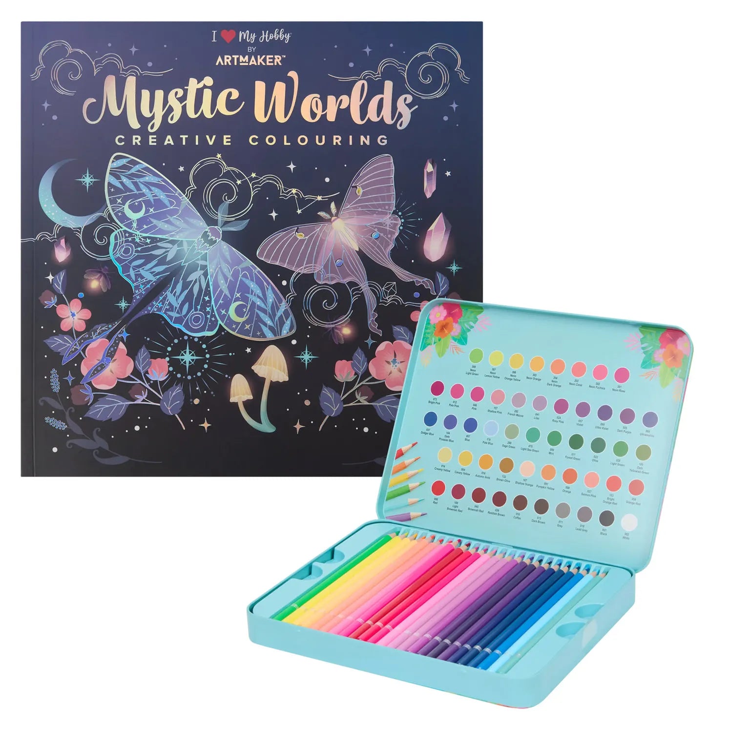 Set Carte de Colorat Antistres Mandala Mystic Worlds + Trusă 50 Creioane Premium (8 Culori Neon) - 48 pagini 140 g/m²