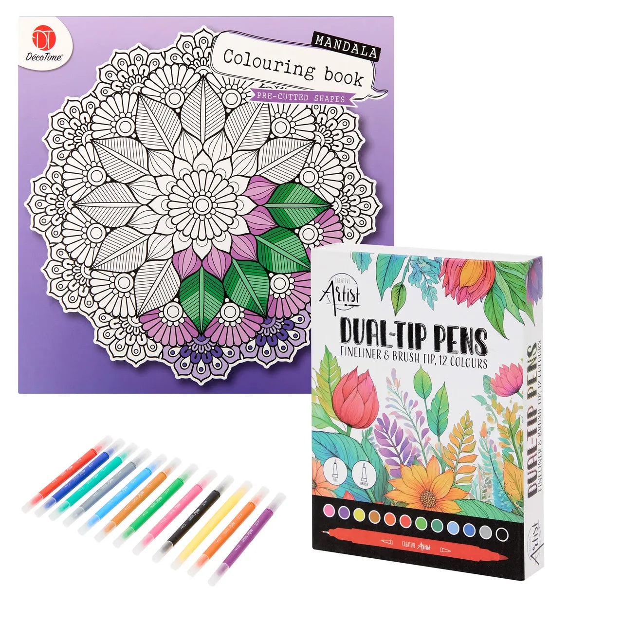 Set Carte de Colorat Antistres Mandala + Trusă 12 Carioci cu Vârfuri Duble - 36 pagini 250 g/m² Finelinere + tip Pensulă - 3219371-12