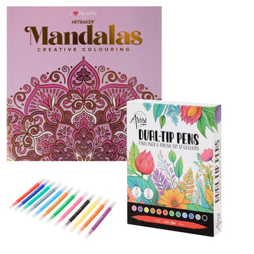 Set Carte de Colorat Antistres Mandala + Trusă 12 Carioci cu Vârfuri Duble - 48 pagini 140 g/m² Finelinere + tip Pensulă - 3220096-12