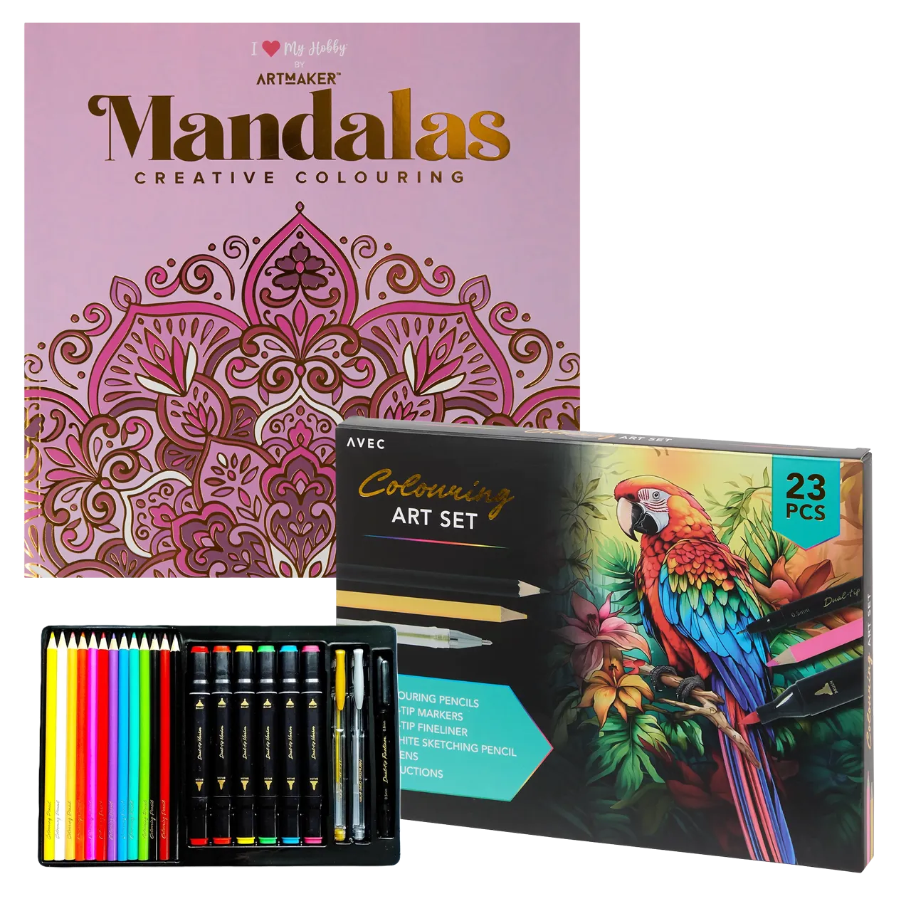 Set Carte de Colorat Antistres Mandala + Trusă 23 Creioane Carioci Finelinere Pixuri Gel - 48 pagini 140 g/m² - 3220096-set23