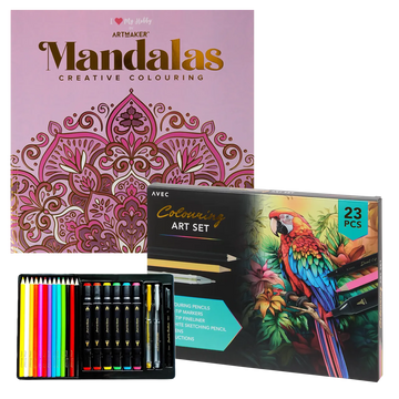 Set Carte de Colorat Antistres Mandala + Trusă 23 Creioane Carioci Finelinere Pixuri Gel - 48 pagini 140 g/m² - 3220096-set23