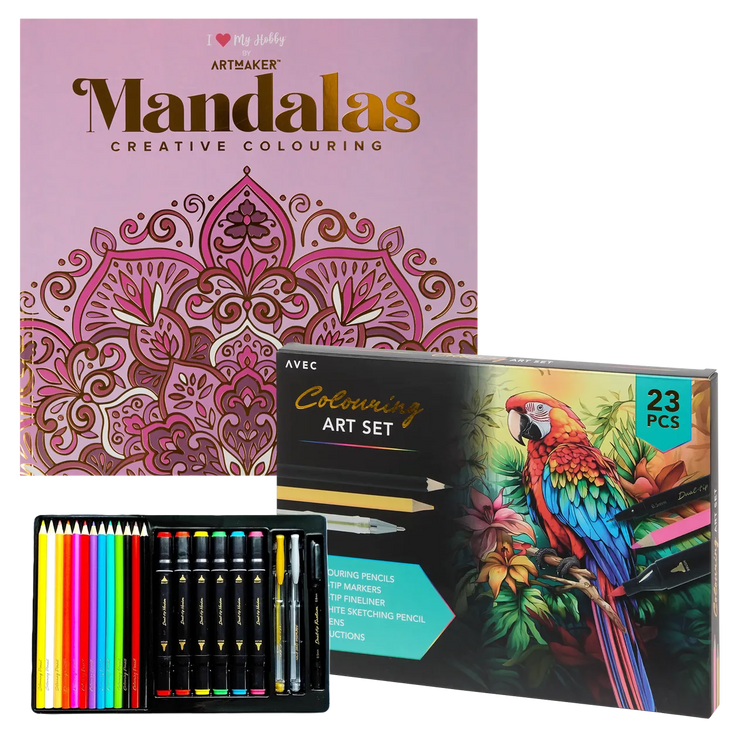 Set Carte de Colorat Antistres Mandala + Trusă 23 Creioane Carioci Finelinere Pixuri Gel - 48 pagini 140 g/m² - 3220096-set23