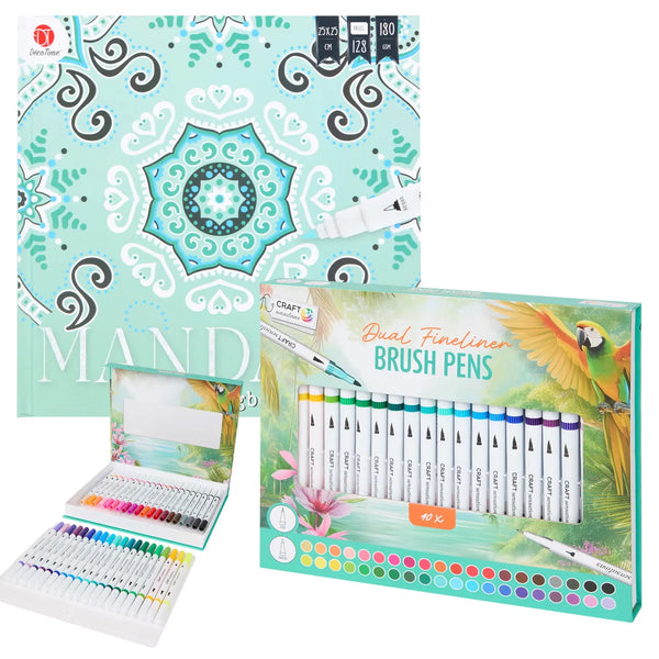 Set Carte de Colorat Antistres Mandala + Trusă 40 Carioci cu Vârfuri Duble - 128 pagini 180 g/m² Finelinere + vărf tip Pensulă - 3218268-40