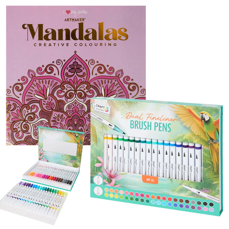 Set Carte de Colorat Antistres Mandala + Trusă 40 Carioci cu Vârfuri Duble - 48 pagini 140 g/m² Finelinere + vărf tip Pensulă - 3220096-40