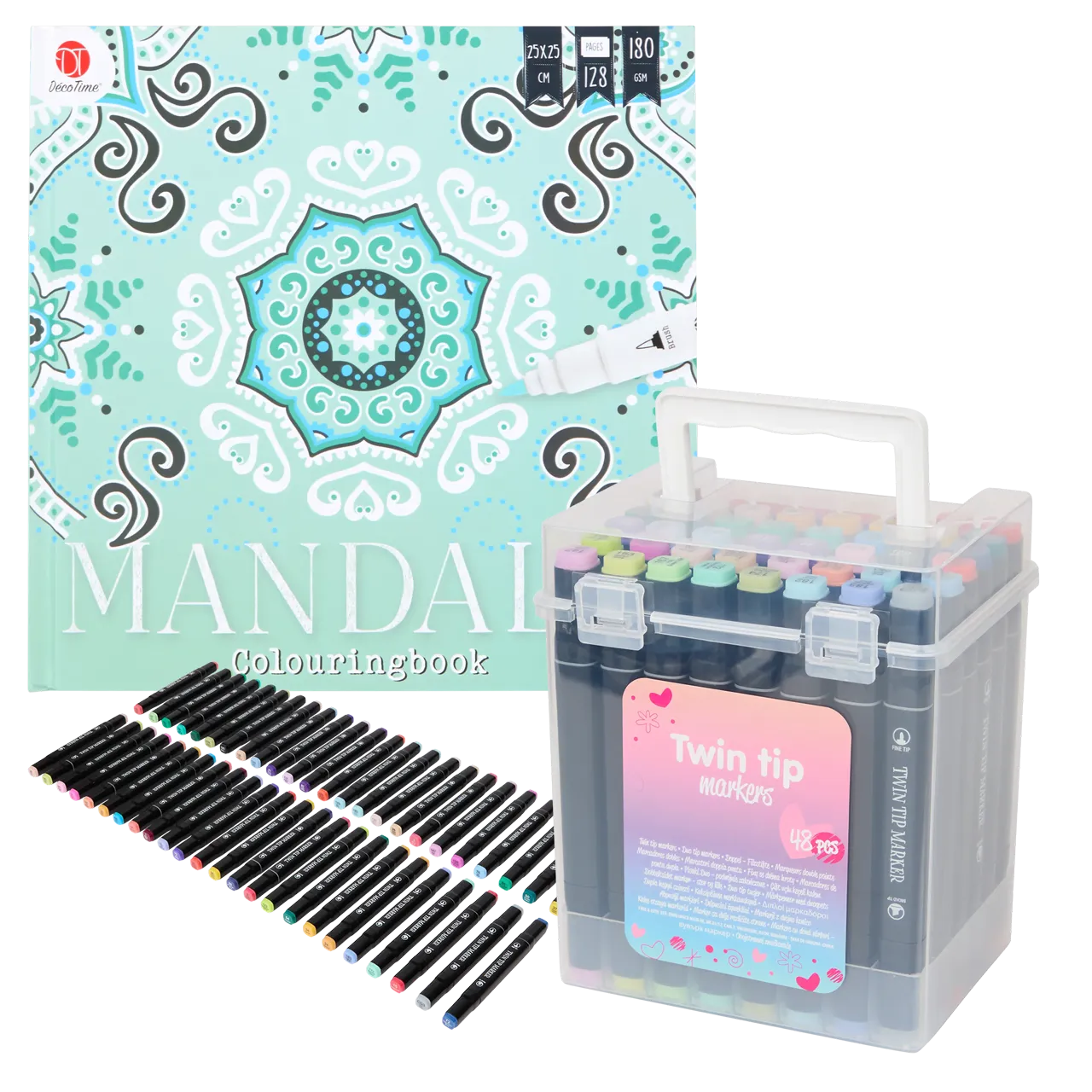 Set Carte de Colorat Antistres Mandala + Trusă 48 Carioci cu Vârfuri Duble - 128 pagini 180 g/m² - 3218268-48car - 8721042515025 - 1