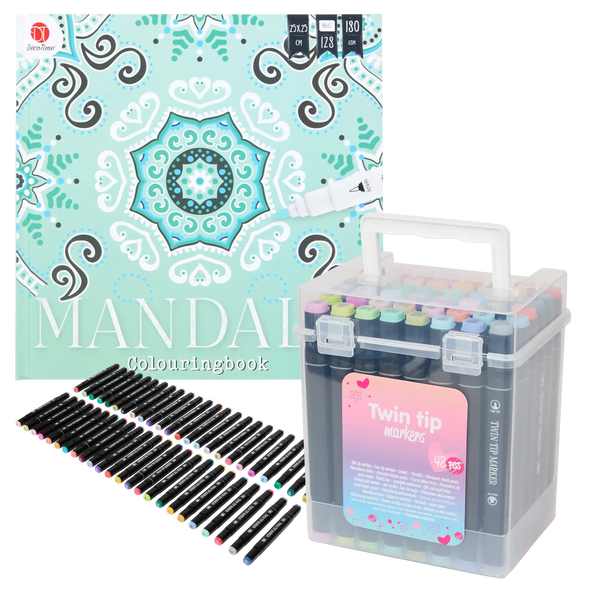 Set Carte de Colorat Antistres Mandala + Trusă 48 Carioci cu Vârfuri Duble - 128 pagini 180 g/m² - 3218268-48car - 8721042515025 - 1