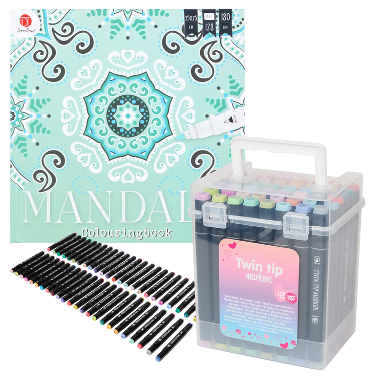 Set Carte de Colorat Antistres Mandala + Trusă 48 Carioci cu Vârfuri Duble - 128 pagini 180 g/m² - 3218268-48car - 8721042515025 - 1