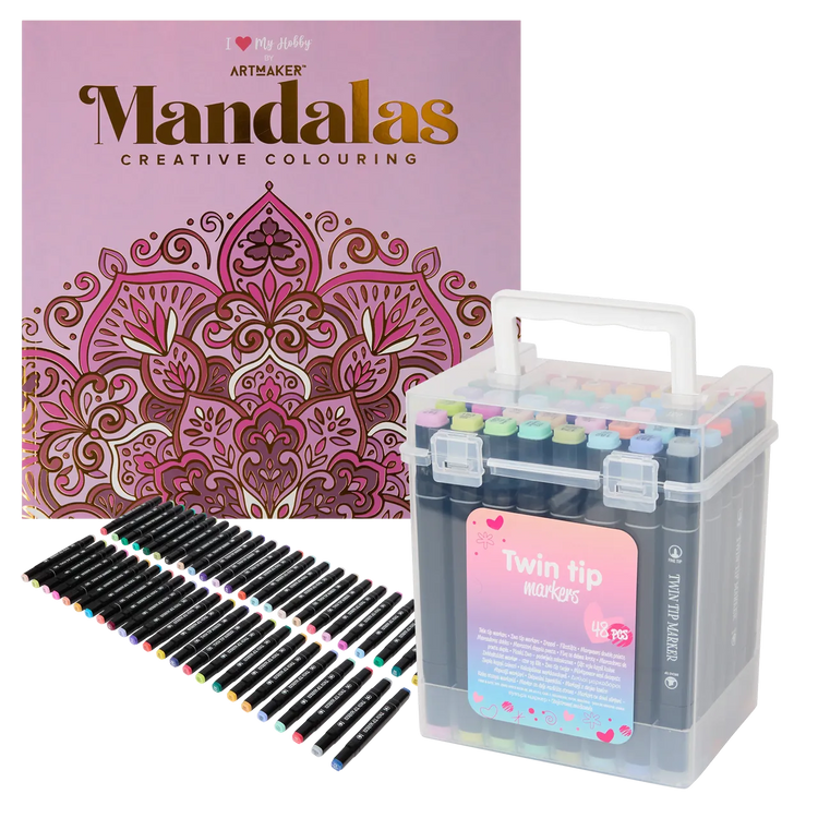 Set Carte de Colorat Antistres Mandala + Trusă 48 Carioci cu Vârfuri Duble - pagini 140 g/m² - 3220096-48car - 8719668039094 - 1